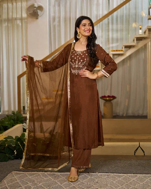 Rich Coffee Brown Vichitra Silk Embroidered Salwar Suite
