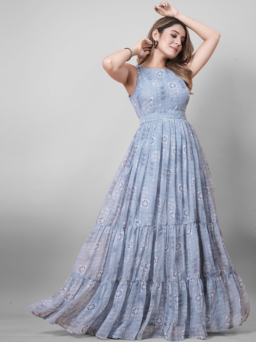 Grey Patterned Faux Georgette Gown