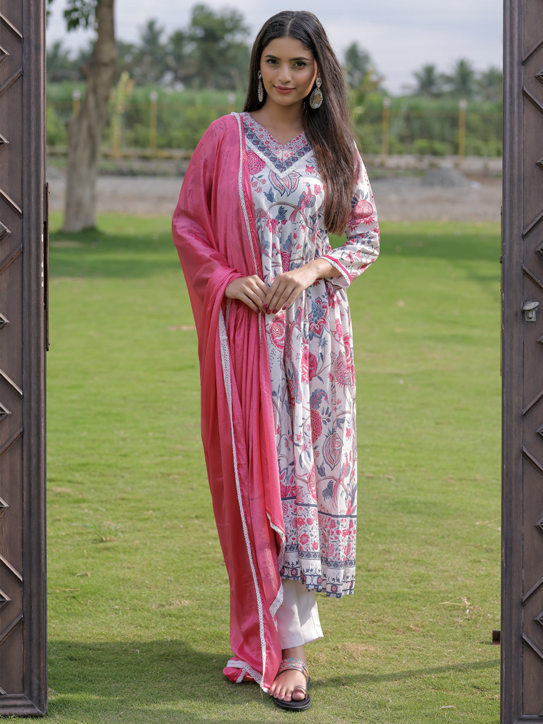 Cream Floral Printed Nyra Cut Anarkali Set