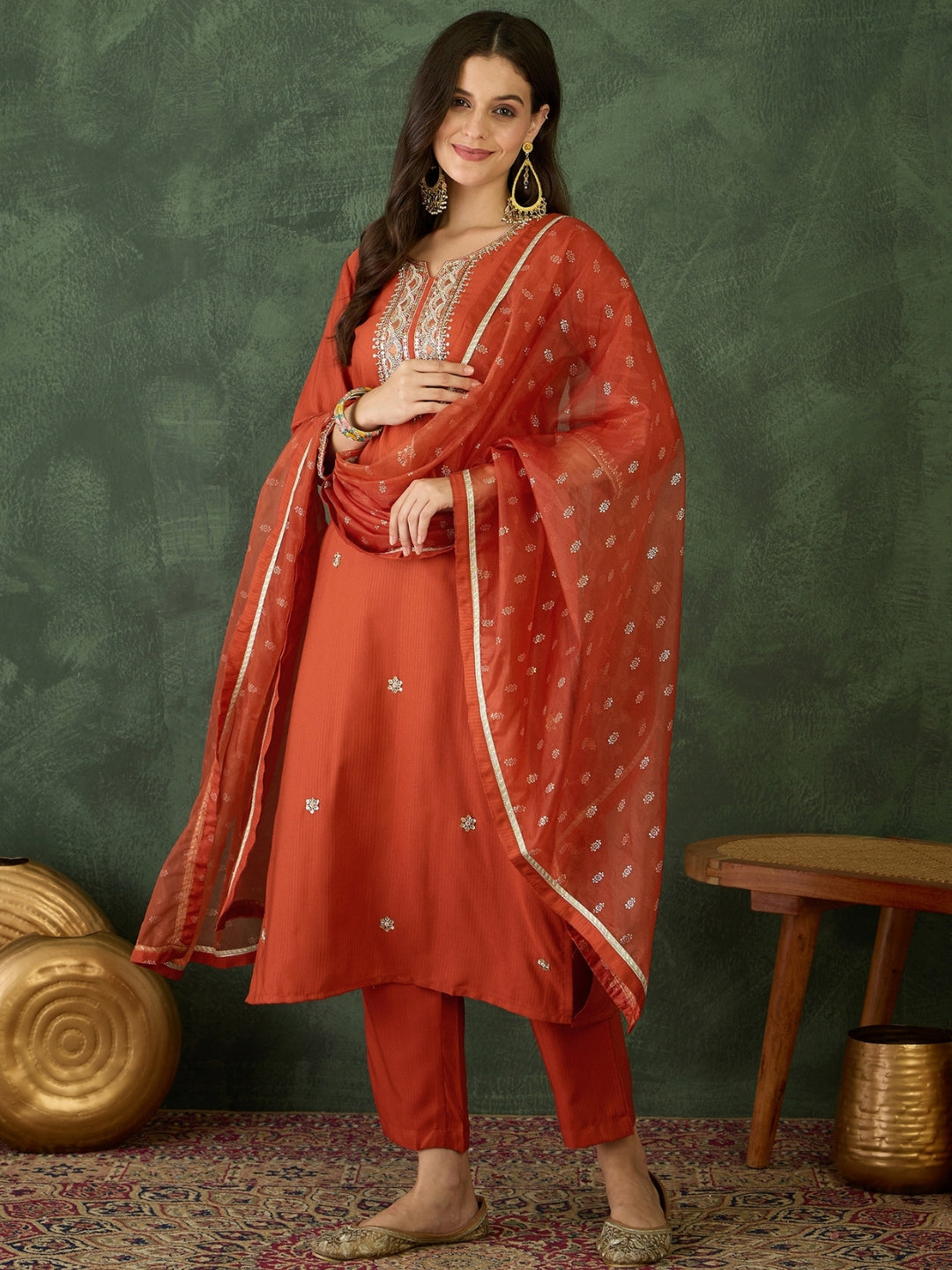 Rust Elegance Embroidered Suit Sets
