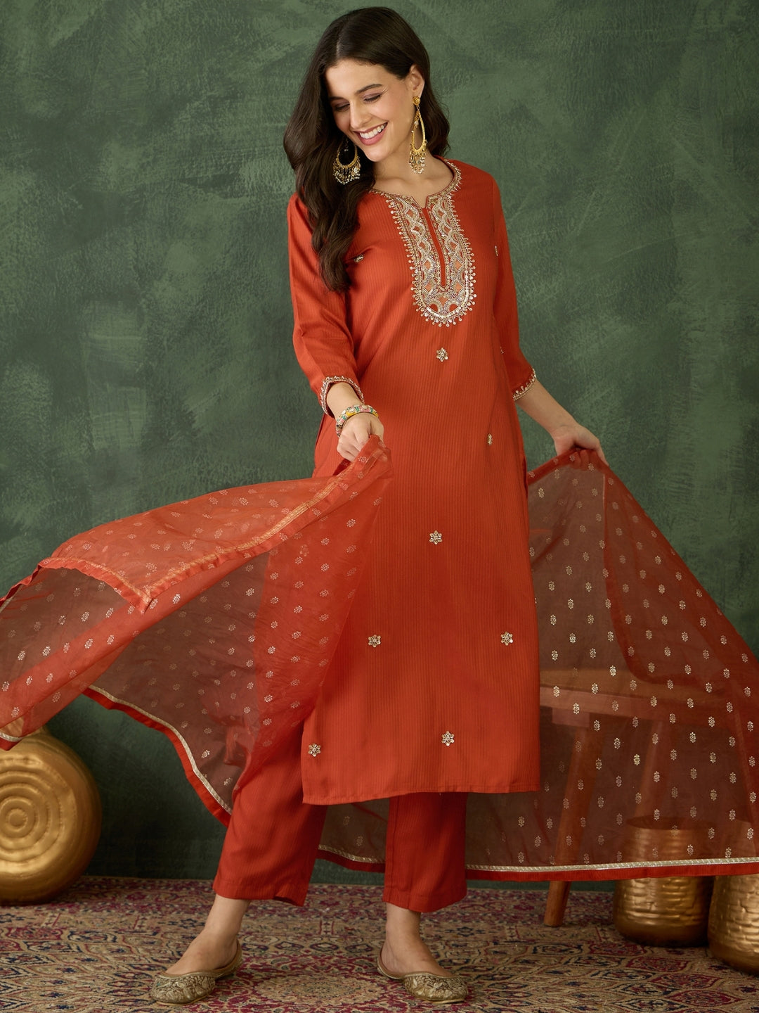 Rust Elegance Embroidered Suit Sets