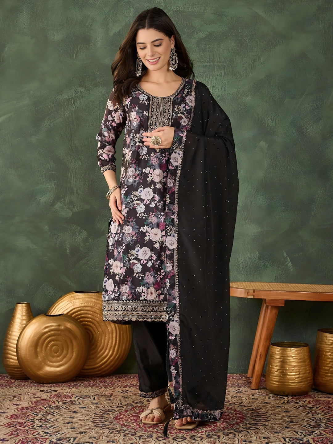 Black Floral Printed Suit Sets