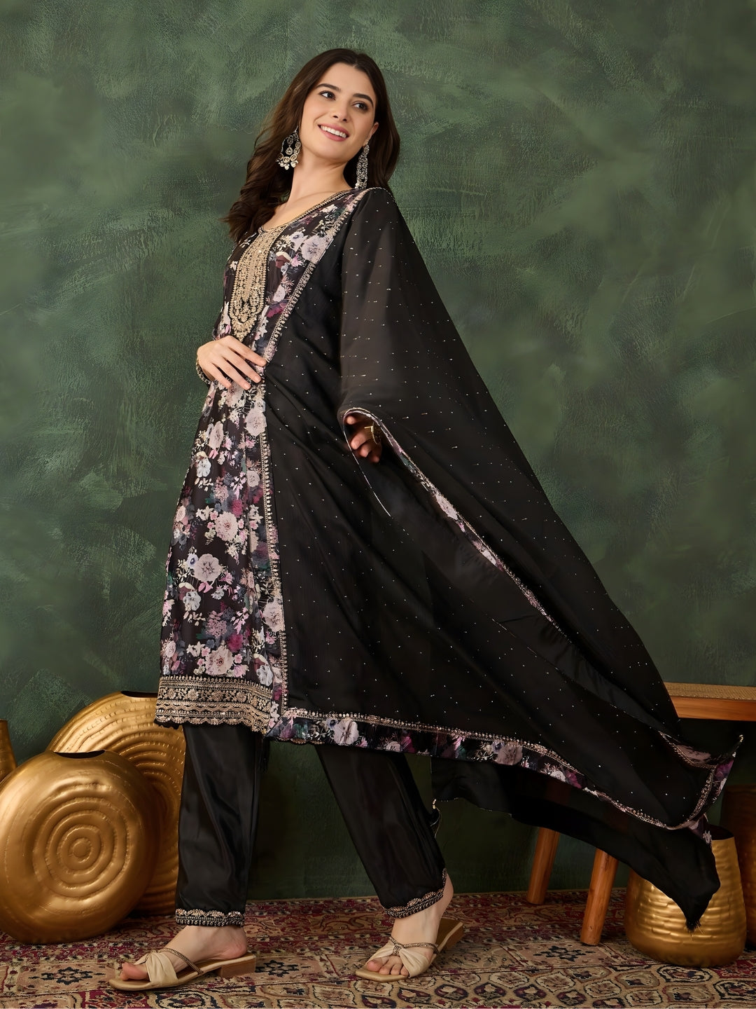 Black Floral Printed Suit Sets