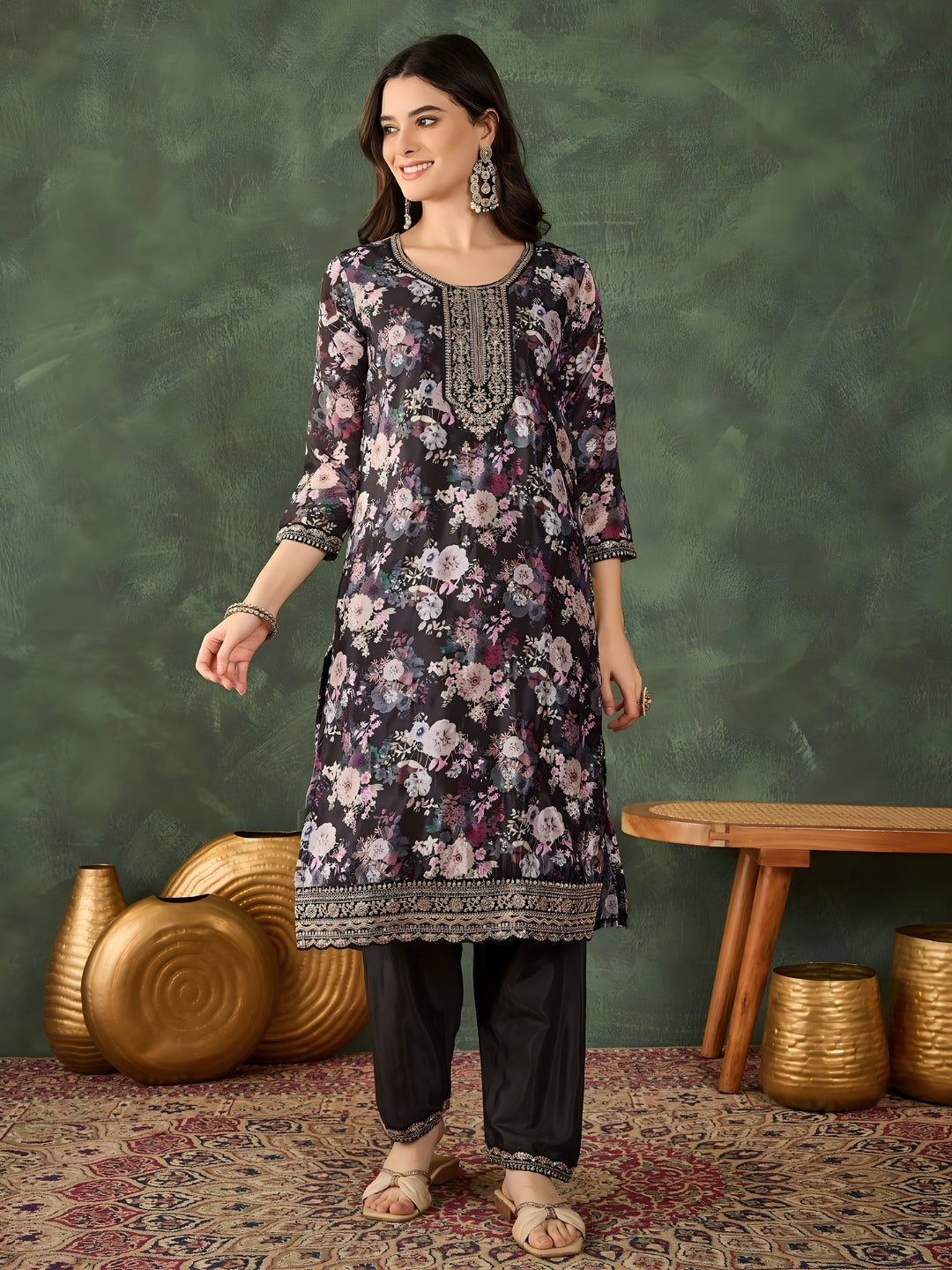 Black Floral Printed Suit Sets