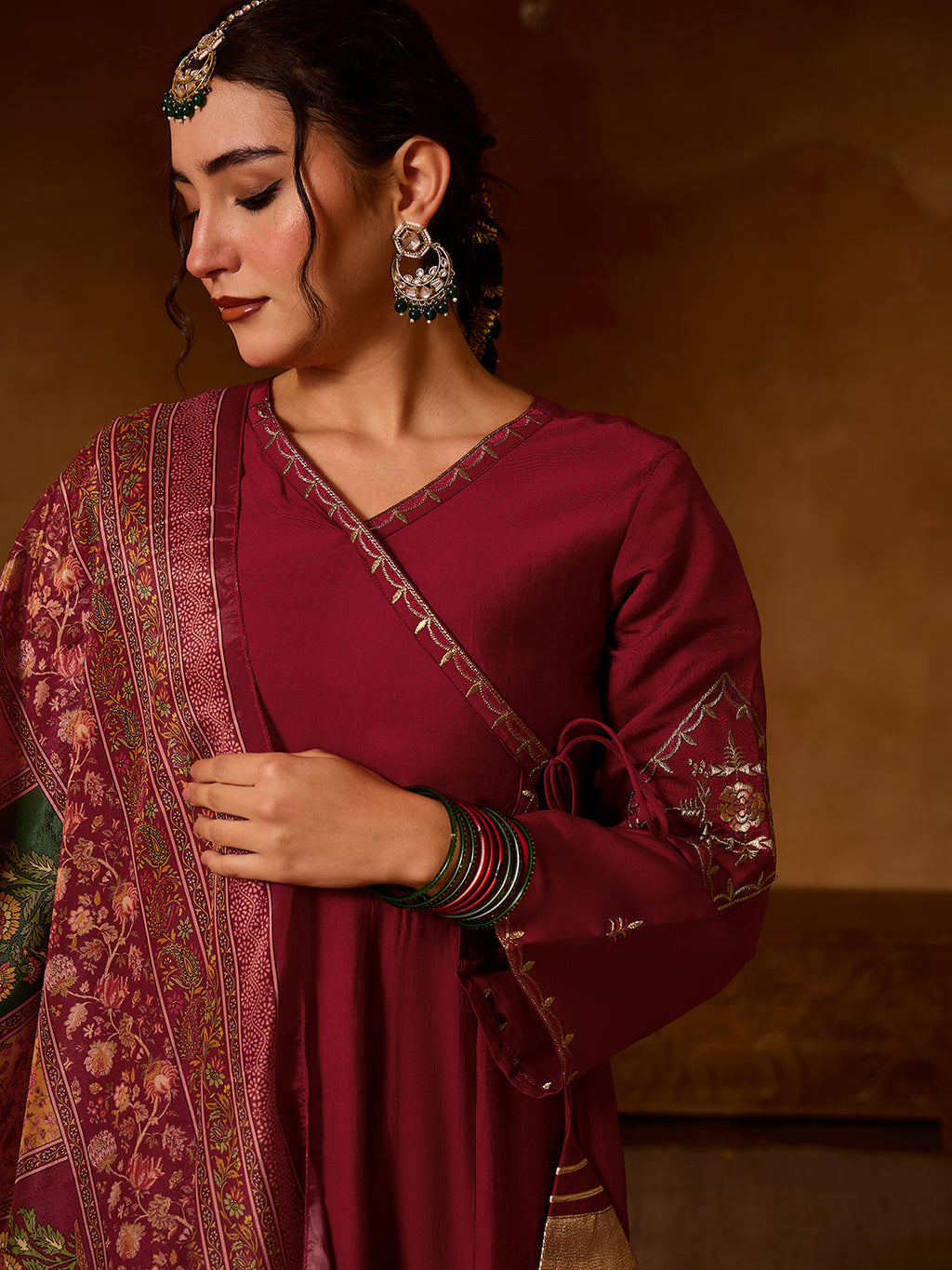 Maroon Silk Angrakha Flared Anarkali Kurta Set