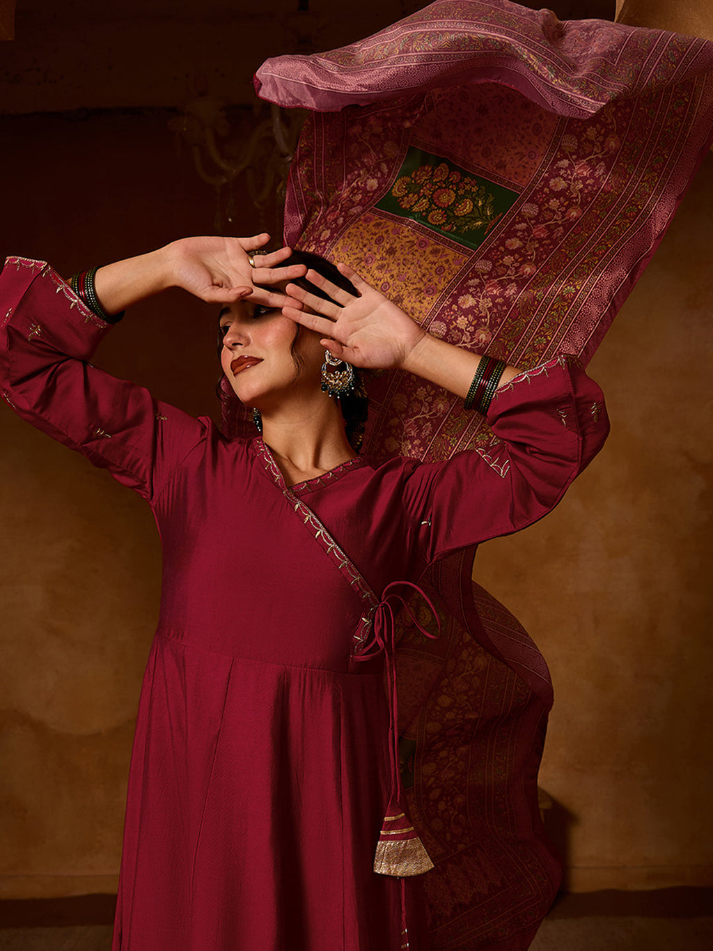 Maroon Silk Angrakha Flared Anarkali Kurta Set