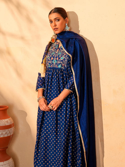 Blue Foil Printed Flared Anarkali Kurta Set