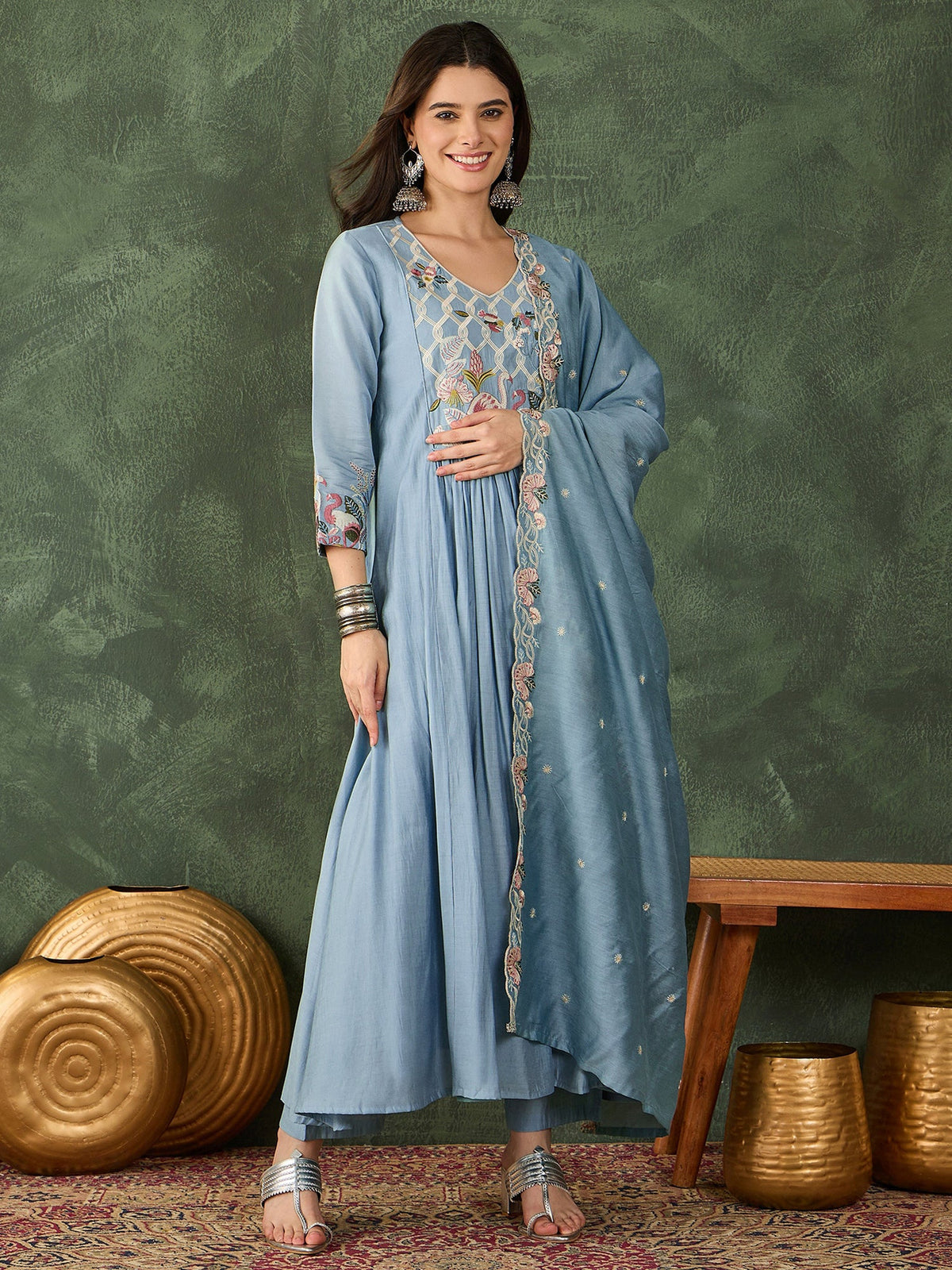 Sky Blue Embroidered Anarkali Set