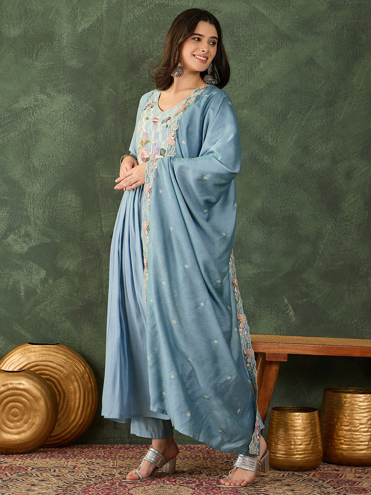 Sky Blue Embroidered Anarkali Set