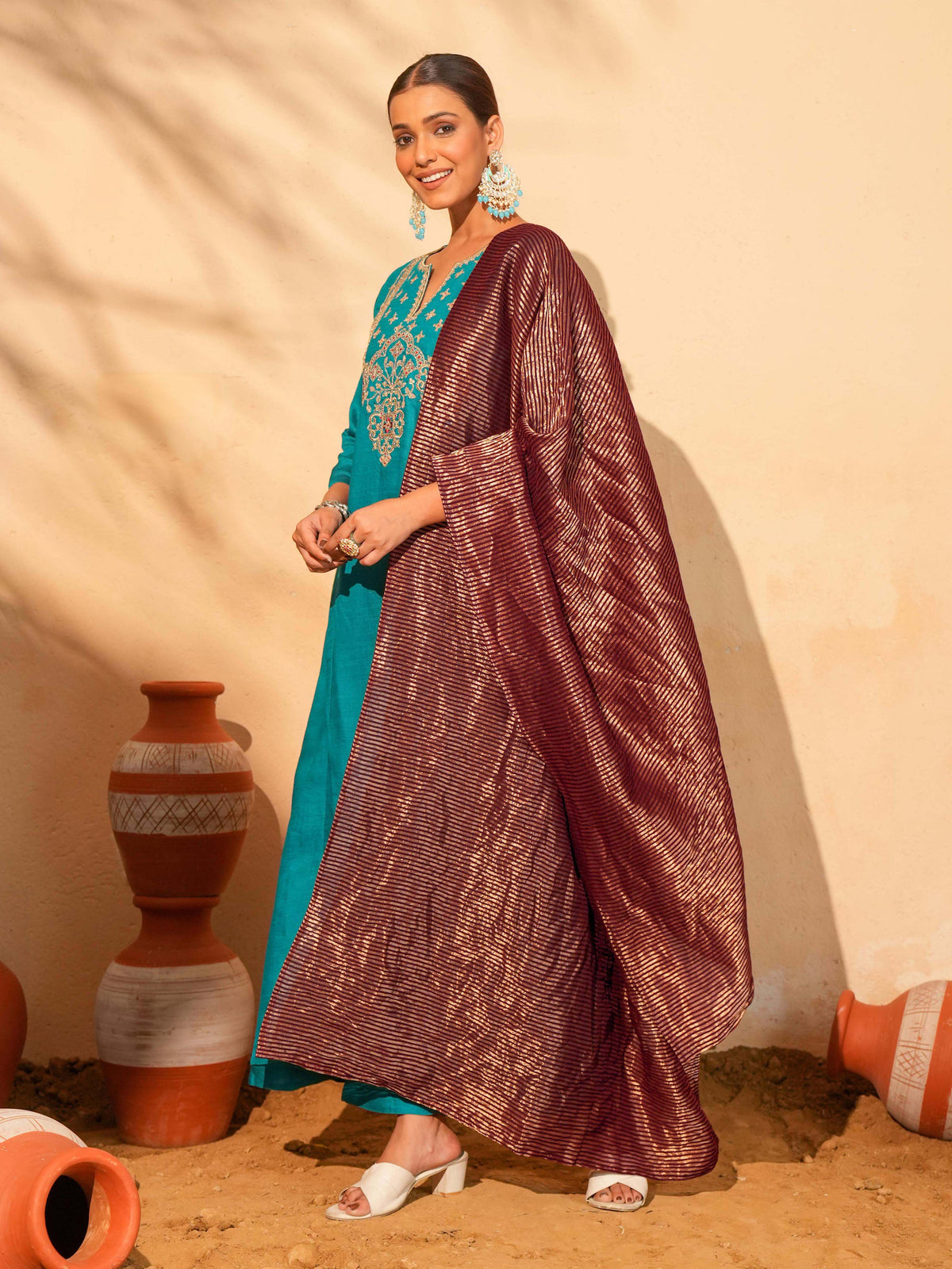 Firozi Blue Silk Embroidered Suit Sets