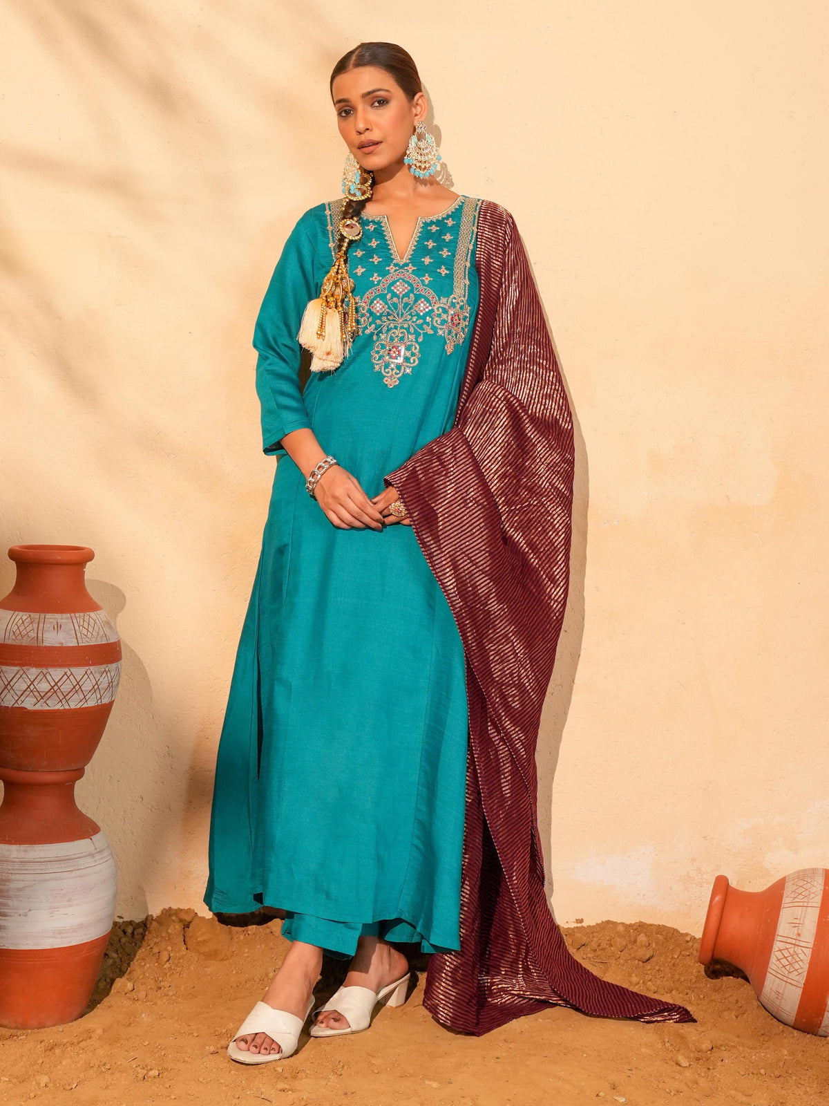 Firozi Blue Silk Embroidered Suit Sets