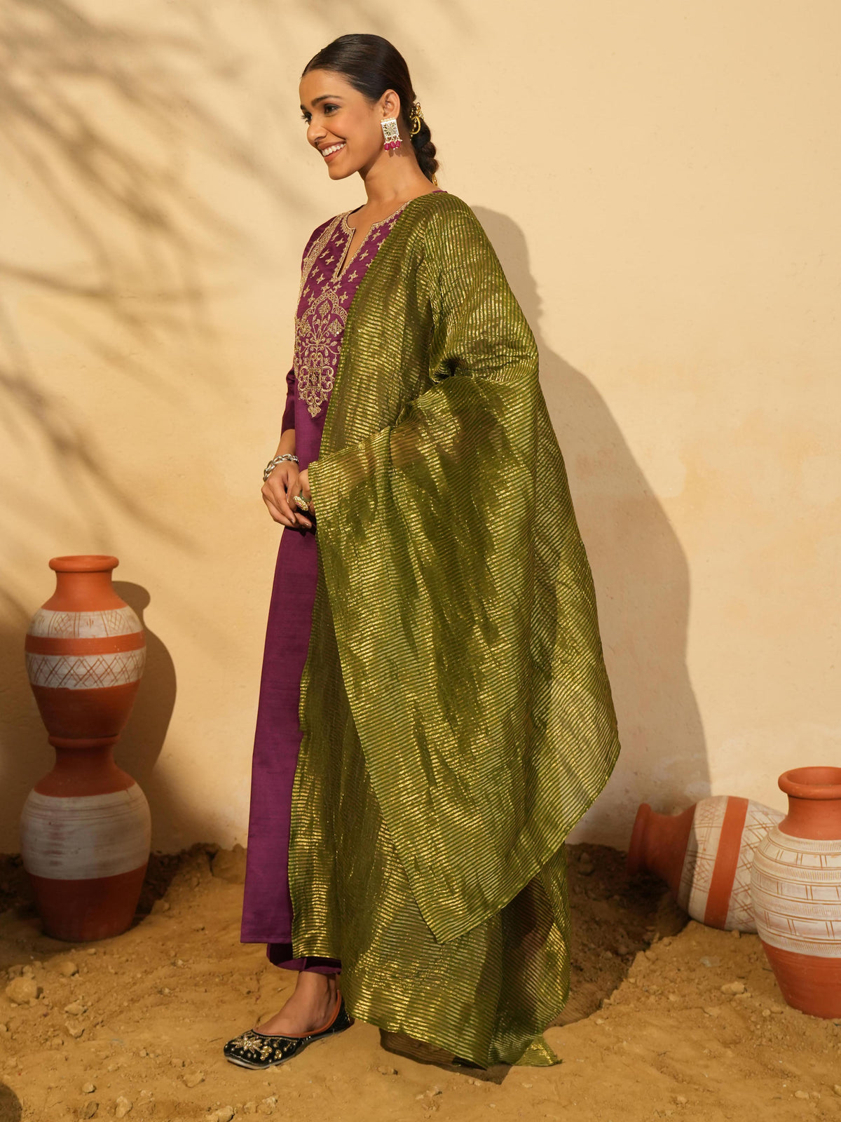 Wine Silk Embroidered Suit Sets