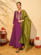 Wine Silk Embroidered Suit Sets