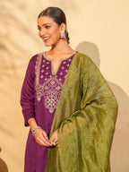 Wine Silk Embroidered Suit Sets