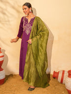 Wine Silk Embroidered Suit Sets