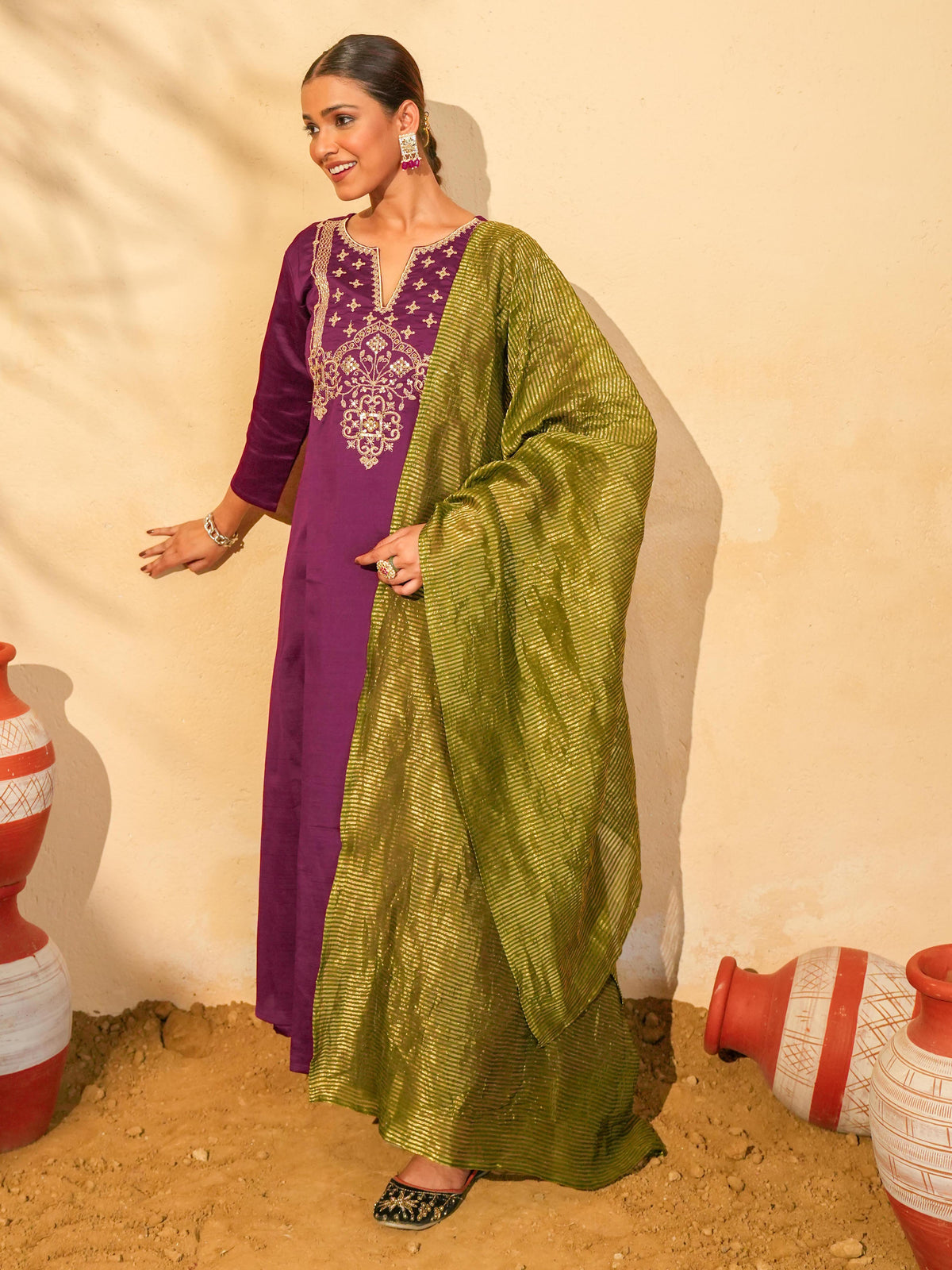 Wine Silk Embroidered Suit Sets