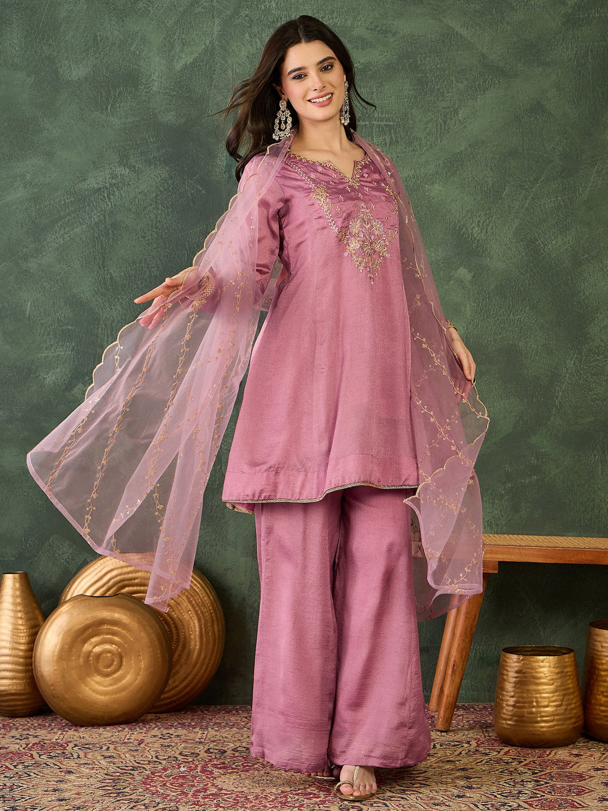 Onion Pink Silk Embroidered Sharara Set