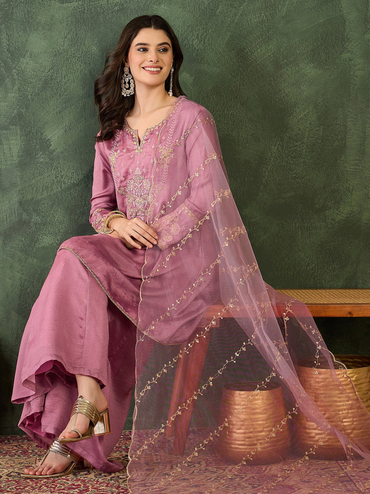 Onion Pink Silk Embroidered Sharara Set