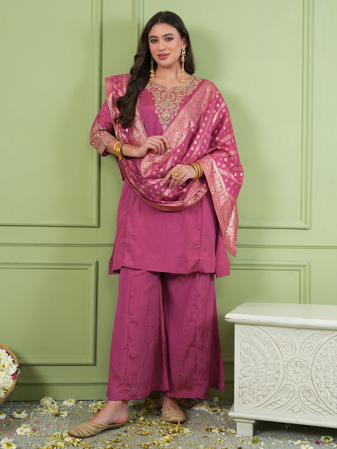 Gajari Pink Silk Embroidered Sharara Suit Set