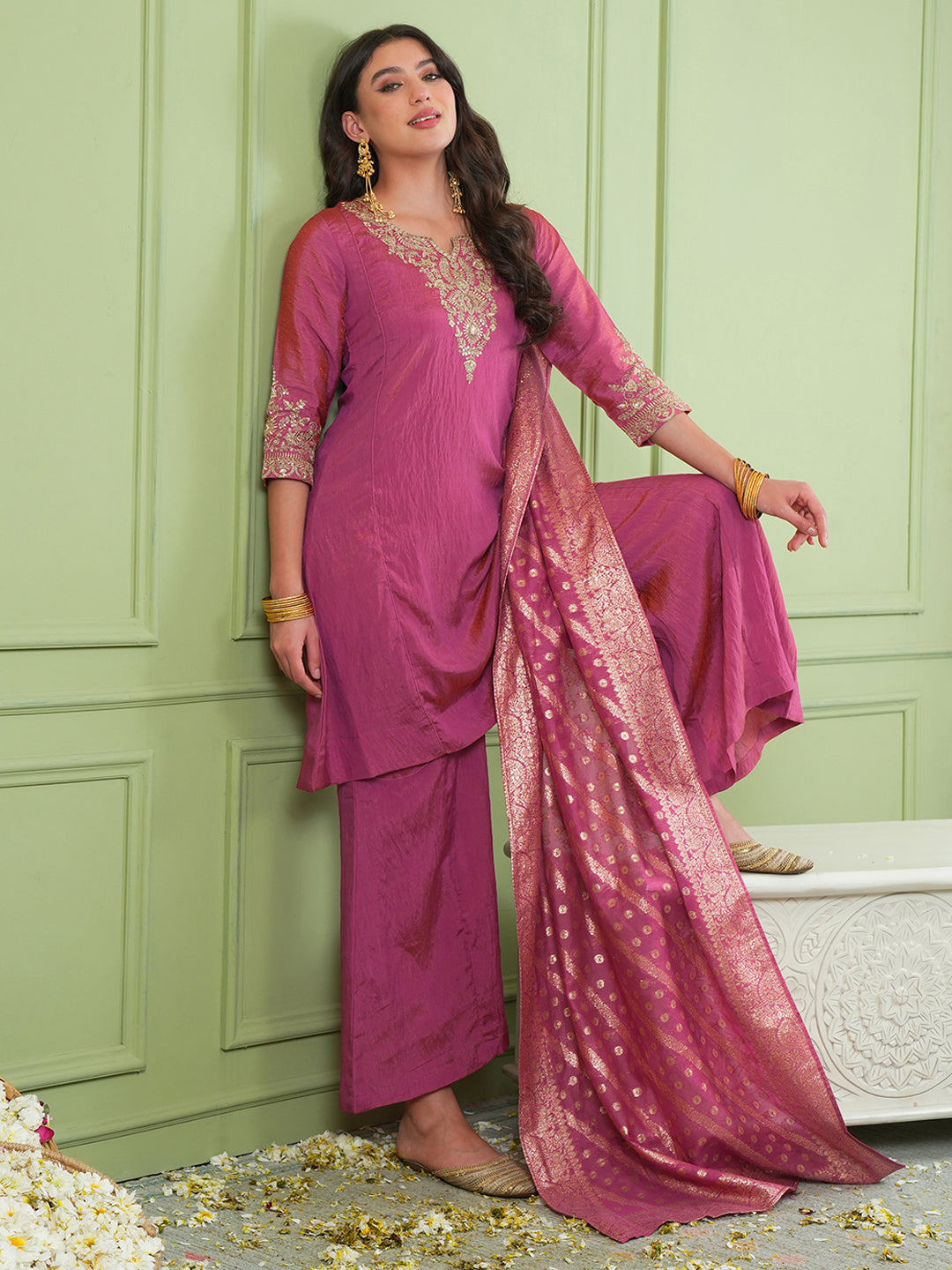 Gajari Pink Silk Embroidered Sharara Suit Set