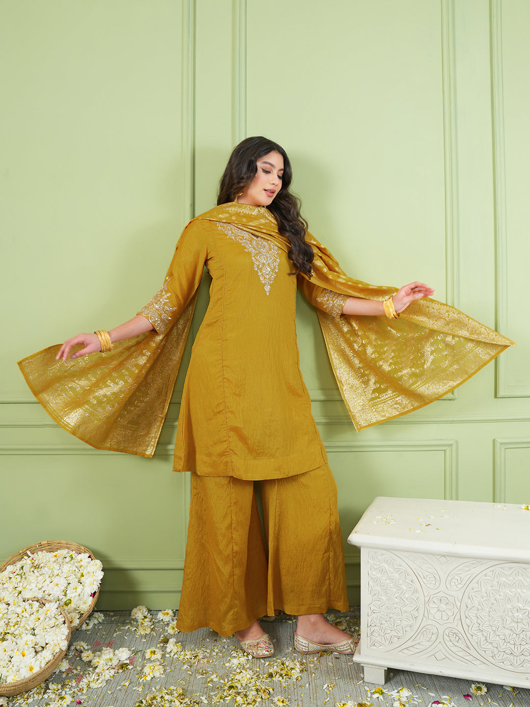 Mustard Yellow Silk Embroidered Sharara Suit Set