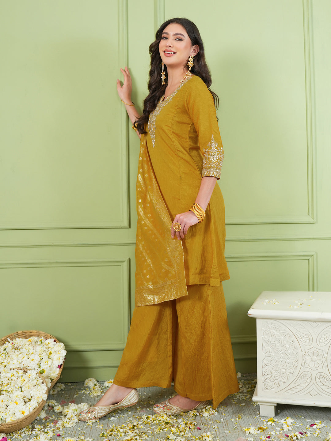 Mustard Yellow Silk Embroidered Sharara Suit Set