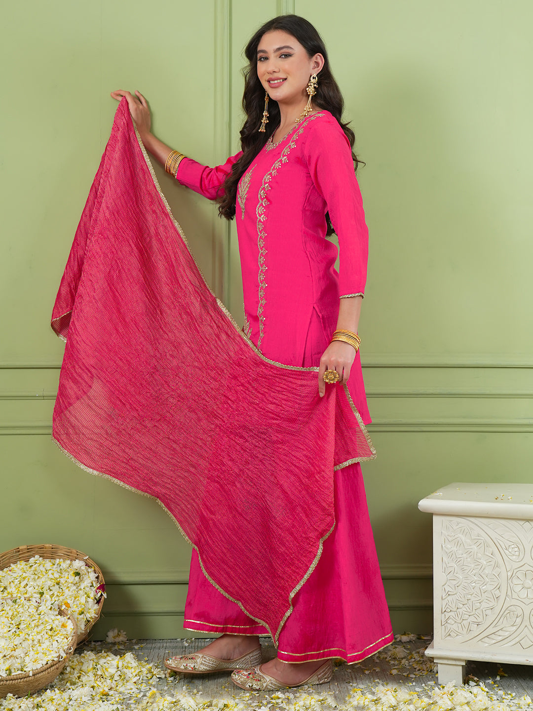 Deep Gajari Silk Embroidered Sharara Suit Set