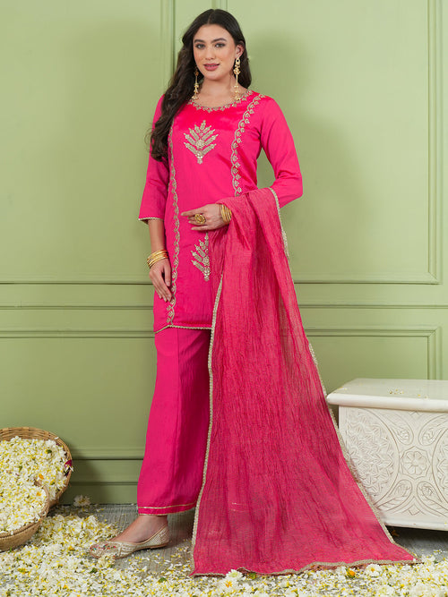Deep Gajari Silk Embroidered Sharara Suit Set