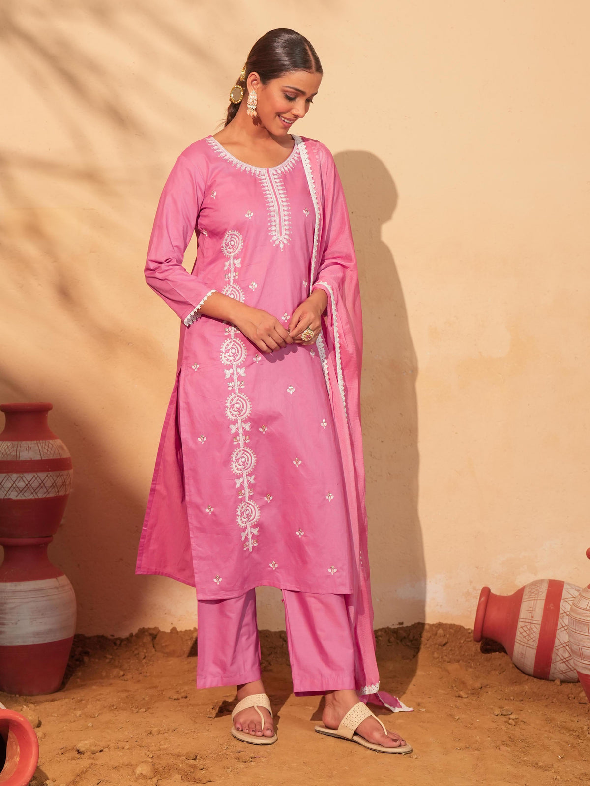 Peach Cotton Embroidered Suit Sets