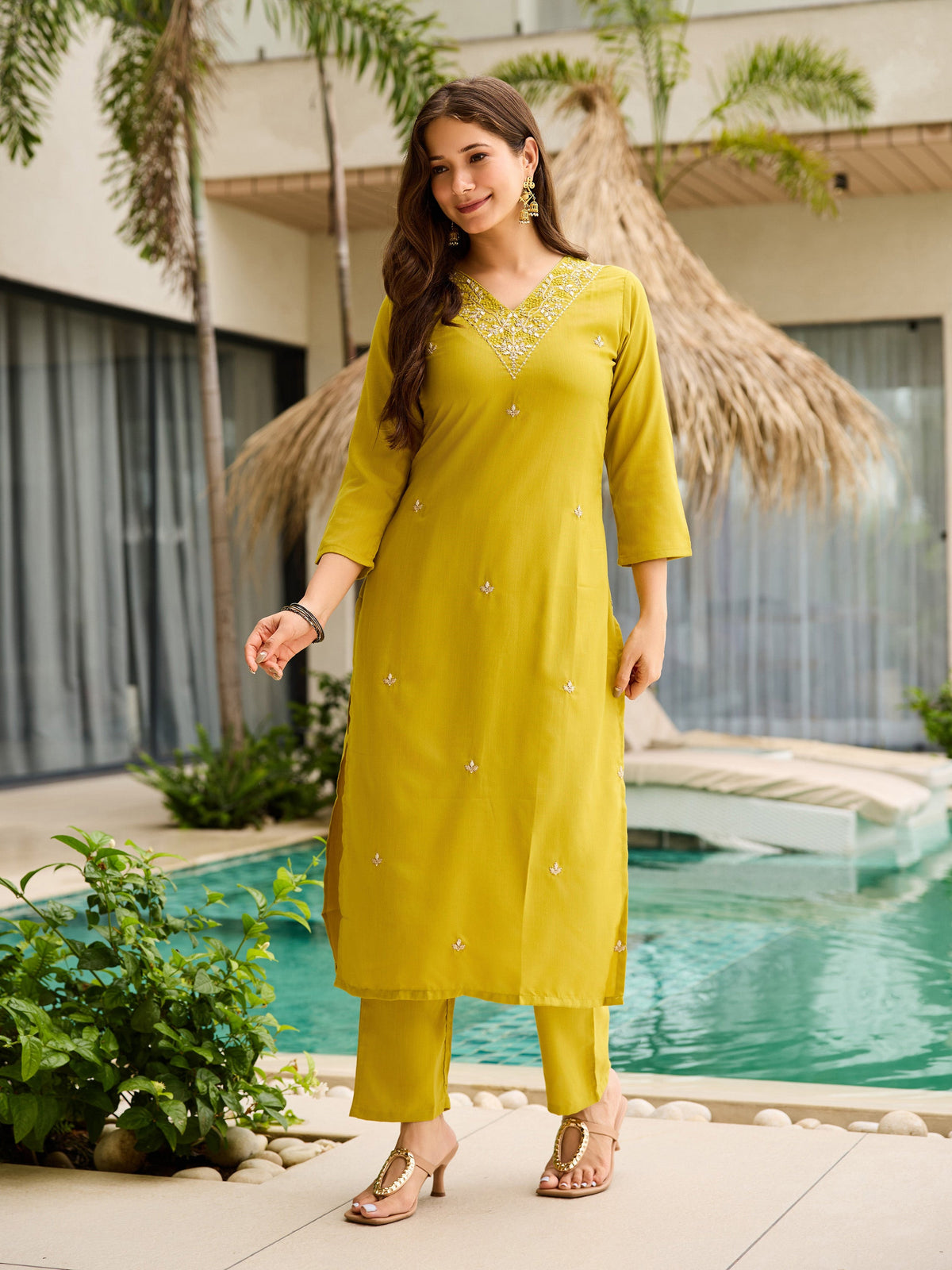 Olive Lime Green Embroidered Suit Sets