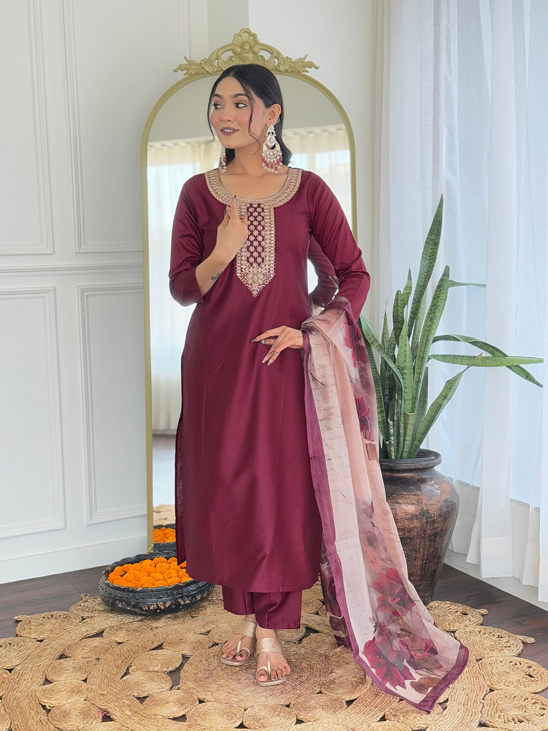 Wine Elegance Viscose Silk Suit Sets