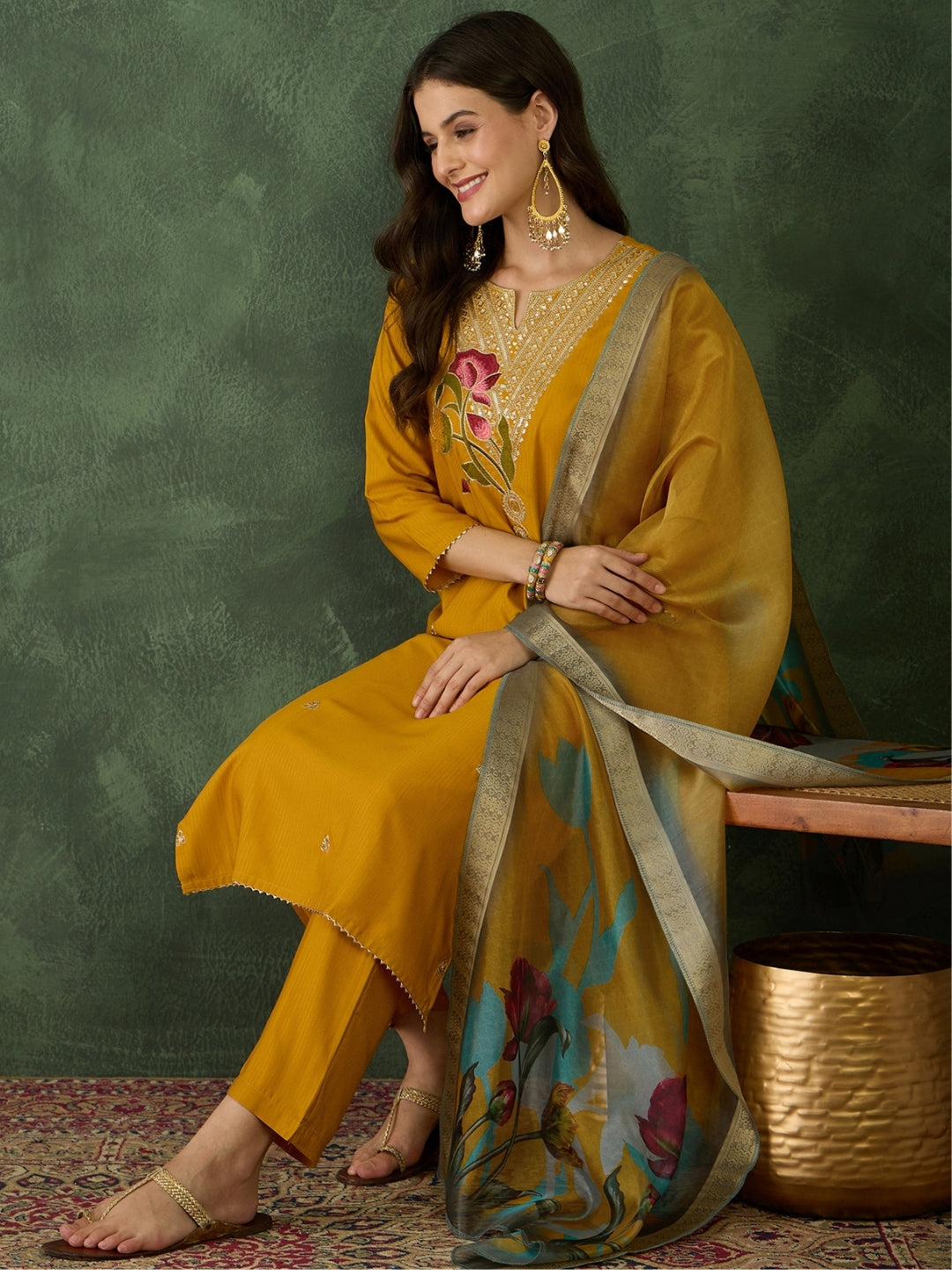 Mustard Yellow Floral Embroidered Suit Sets