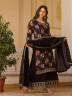 Black Floral Print Kurta Sharara Set