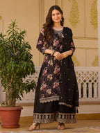 Black Floral Print Kurta Sharara Set