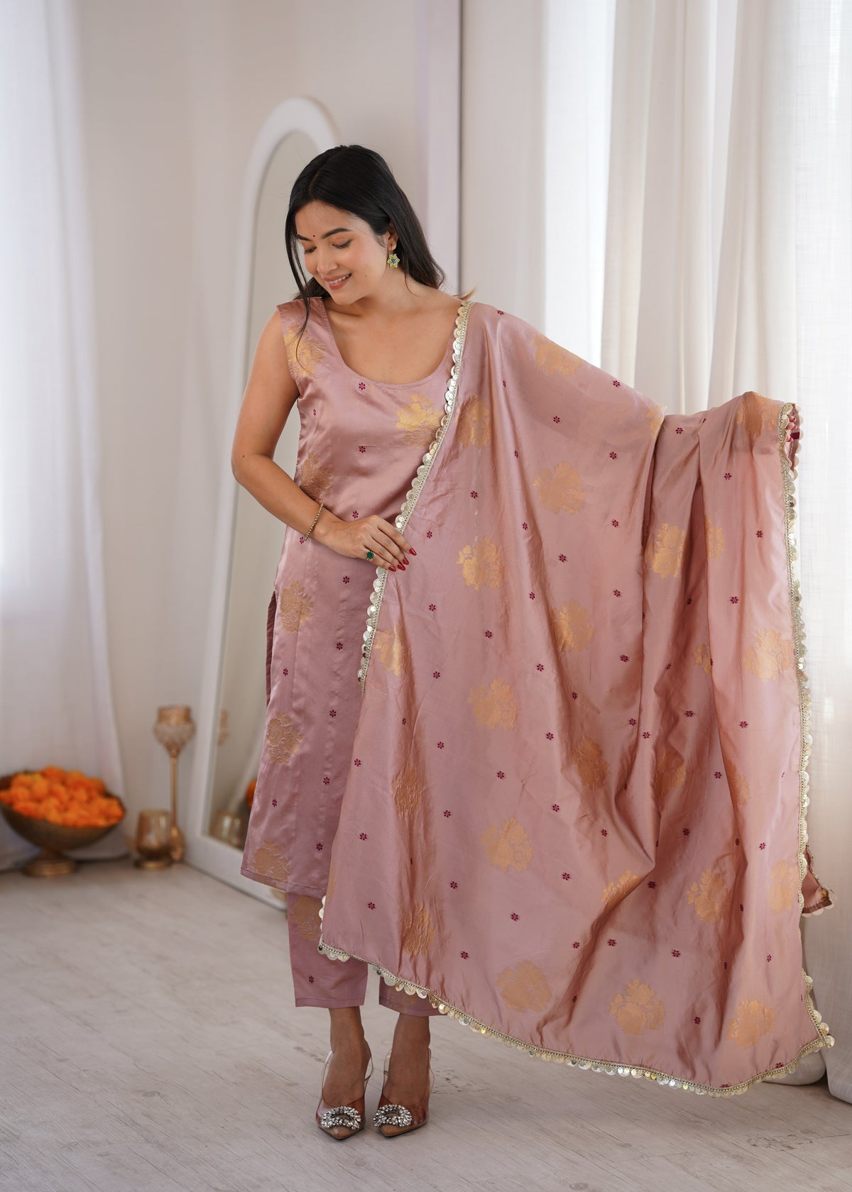 Peach Aura Chanderi Jacquard Suit Ensemble