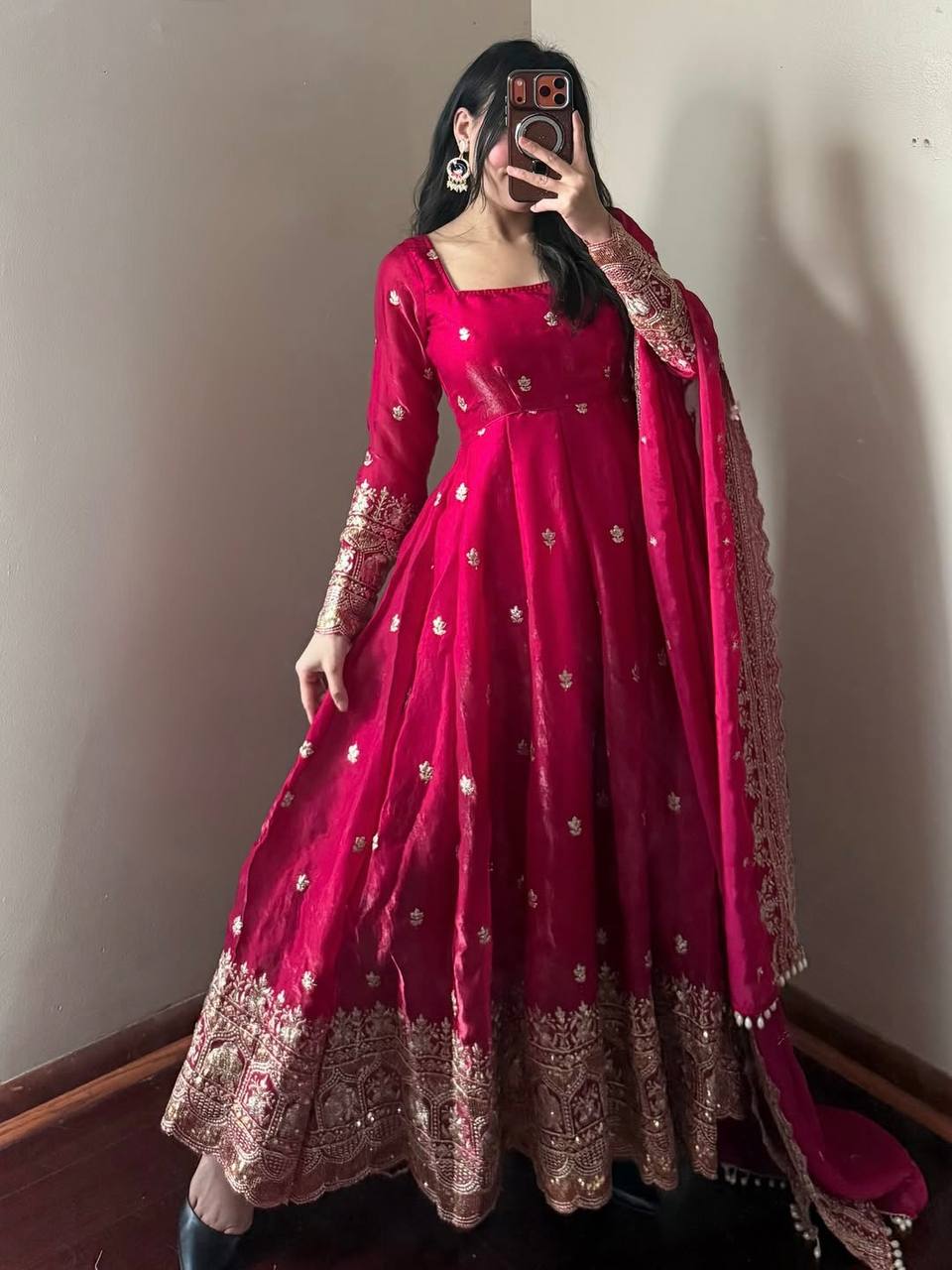 Ruby Fandy Silk Embellished Anarkali Suit Ensemble