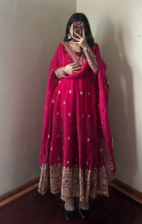Ruby Fandy Silk Embellished Anarkali Suit Ensemble