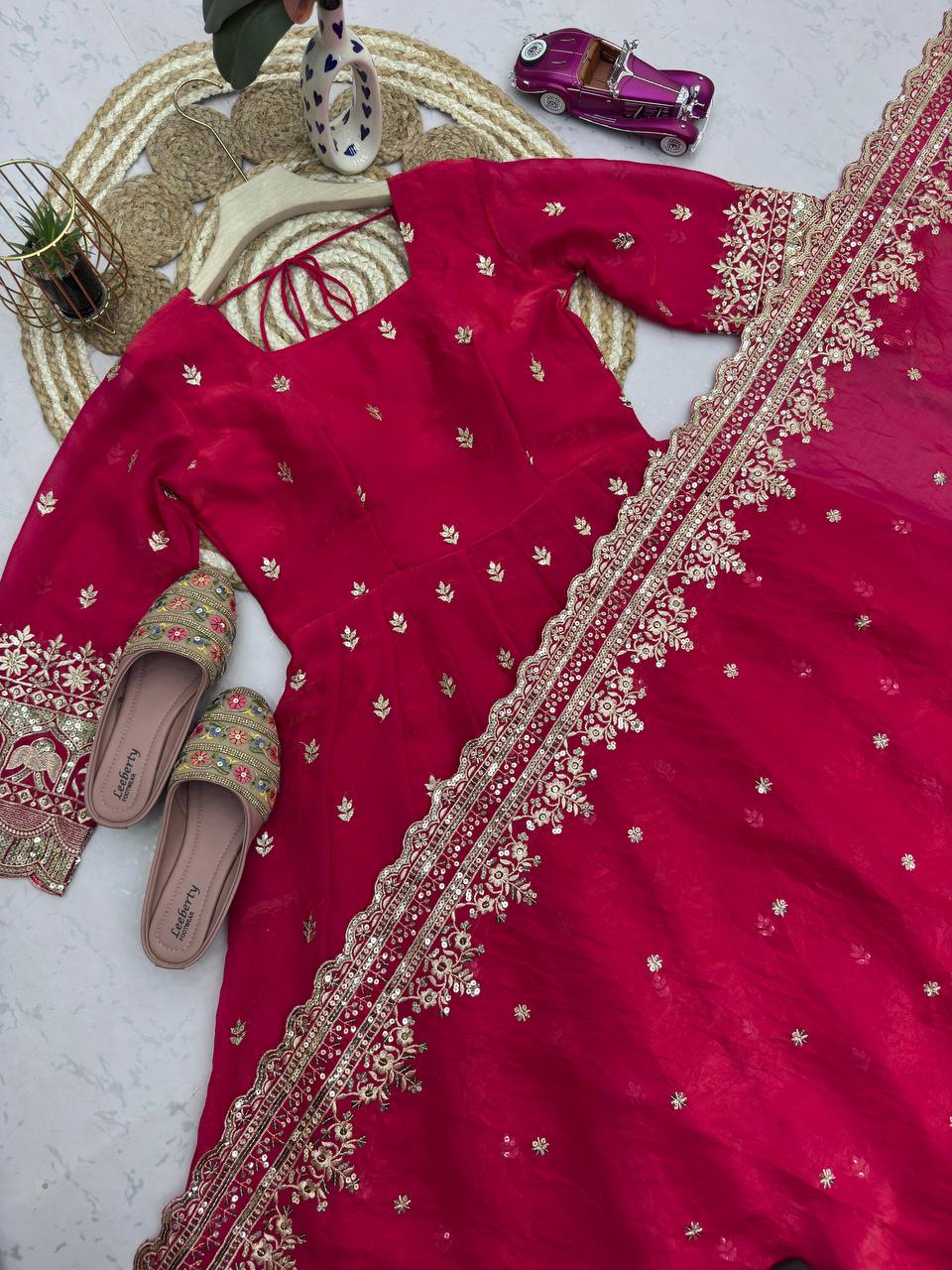Ruby Fandy Silk Embellished Anarkali Suit Ensemble