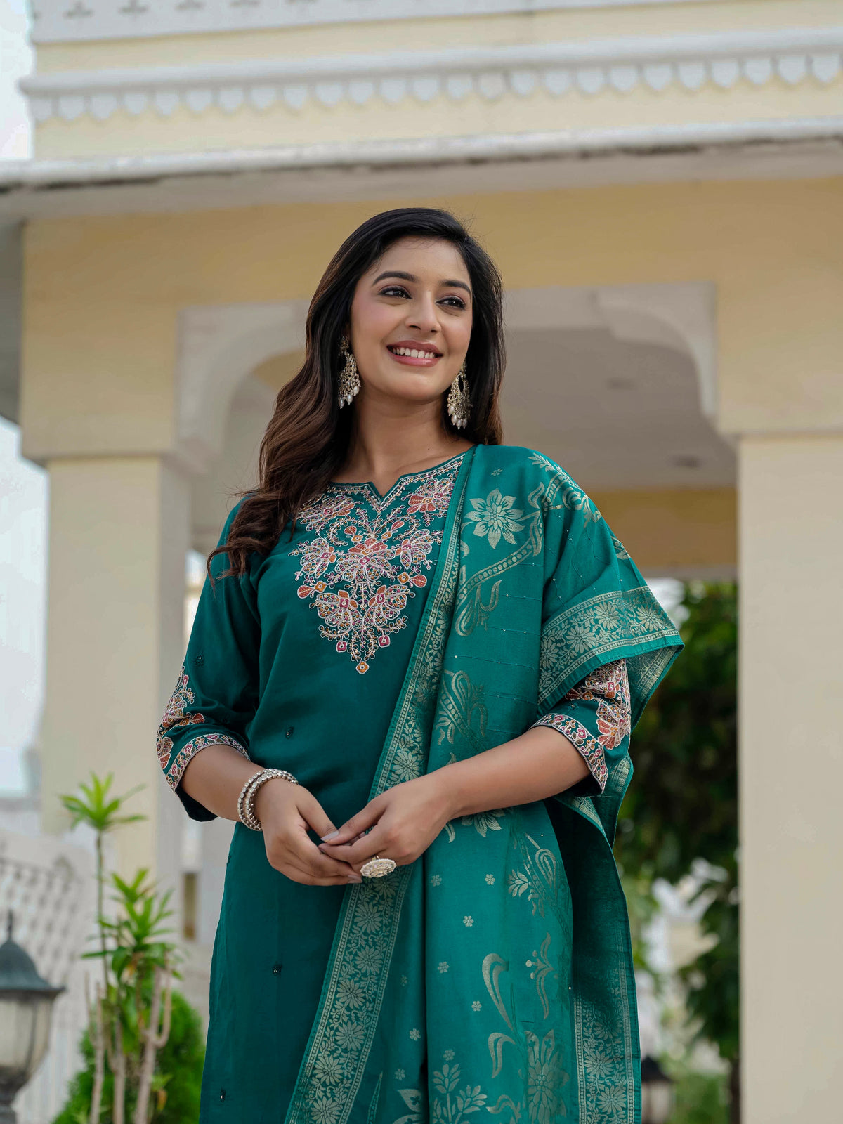 Luxe Rama Green Roman Silk Suit Ensemble