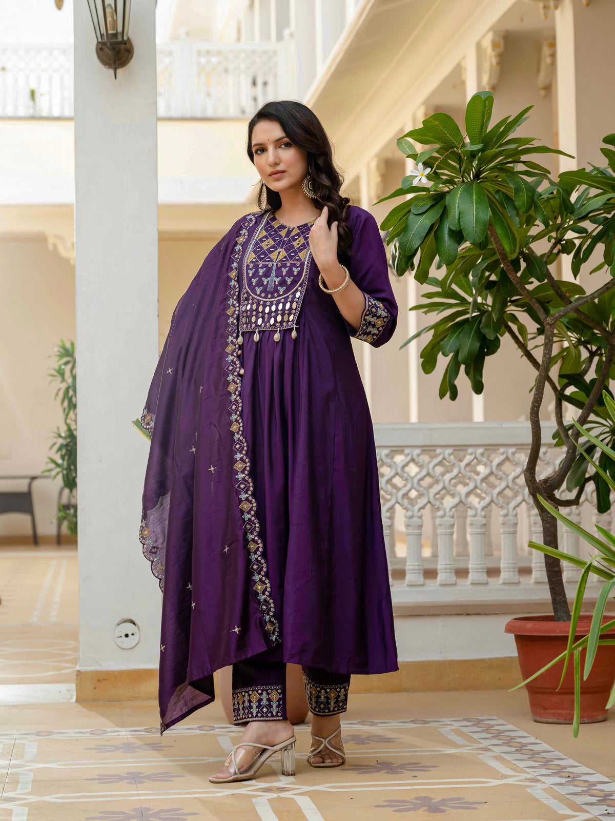 Royal Purple Viscose Roman Silk Anarkali Kurti & Pant Ensemble