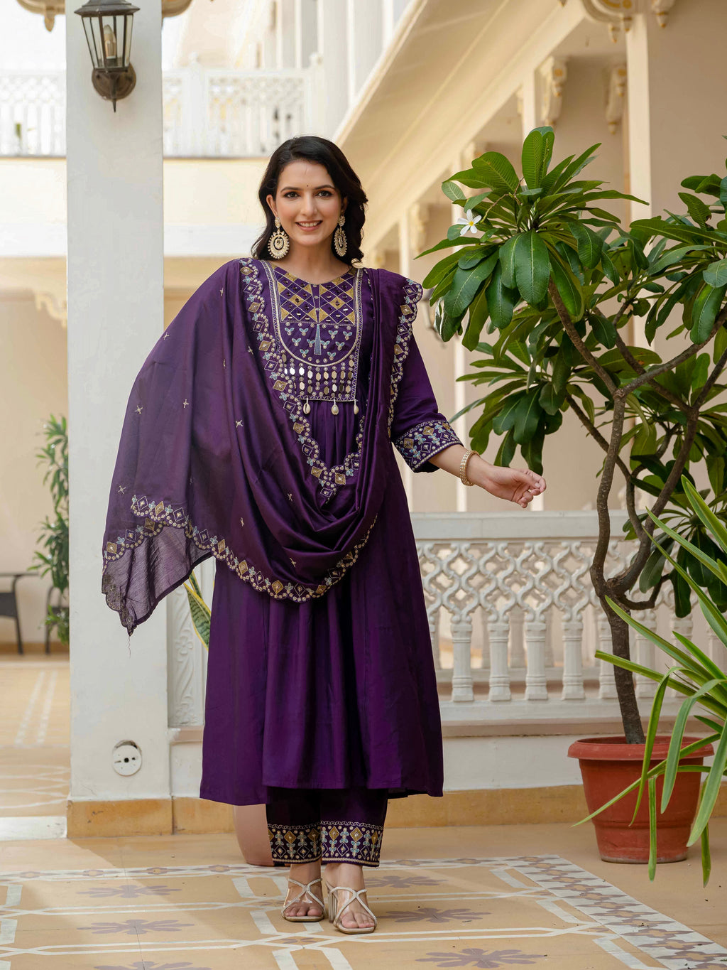 Royal Purple Viscose Roman Silk Anarkali Kurti & Pant Ensemble