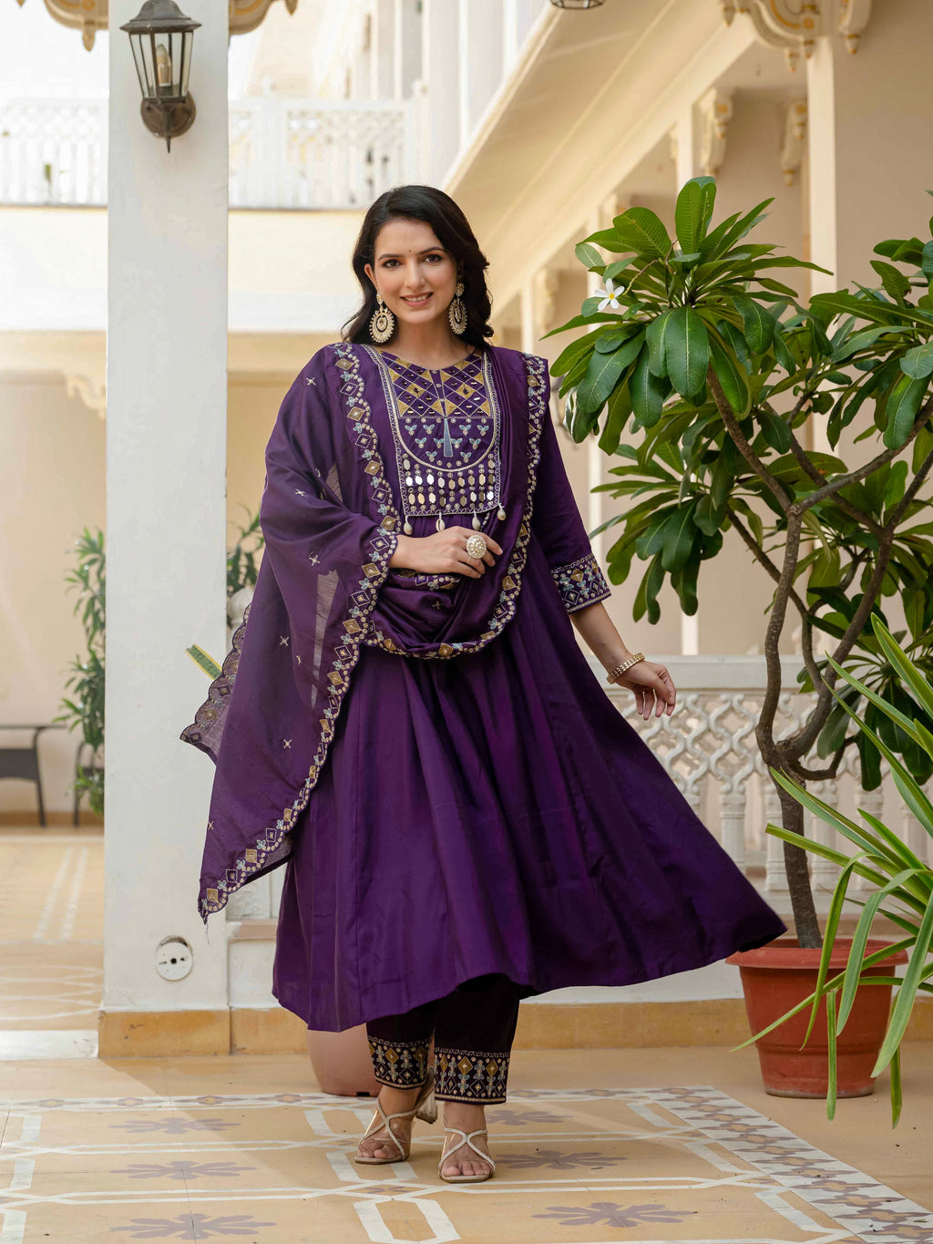 Royal Purple Viscose Roman Silk Anarkali Kurti & Pant Ensemble