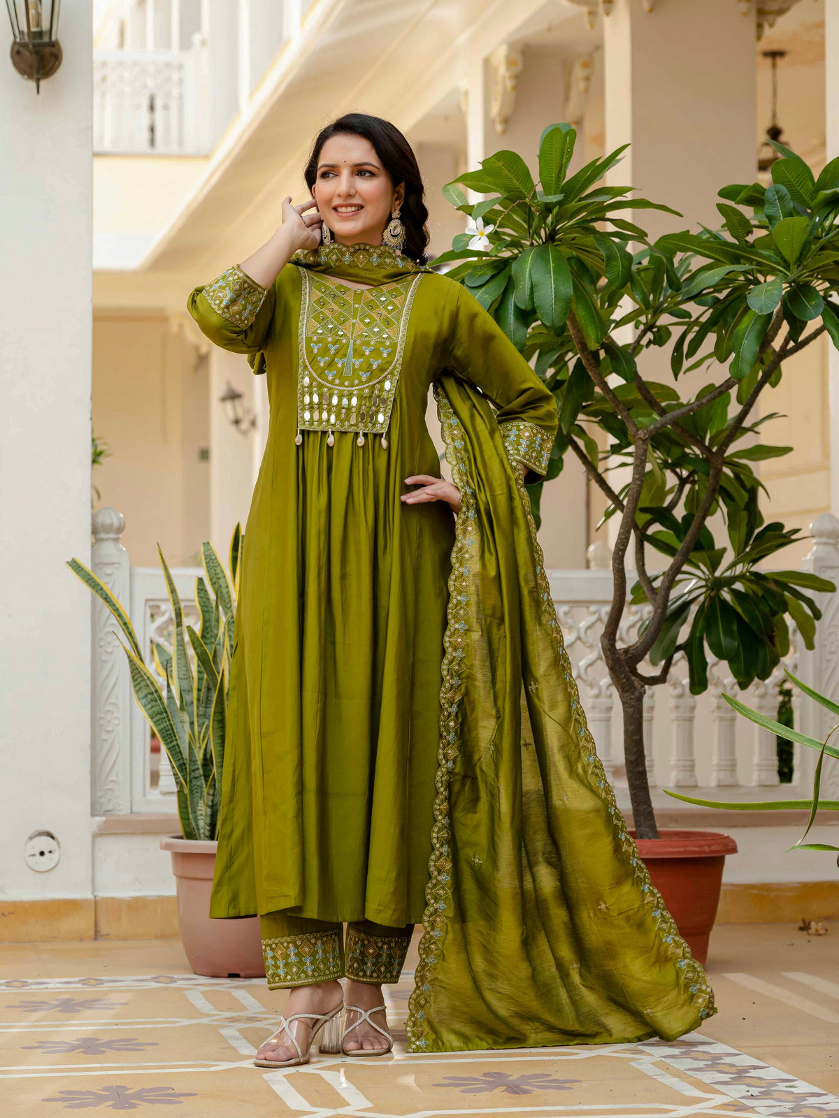 Mehndi Viscose Roman Silk Anarkali Kurti & Pant Ensemble