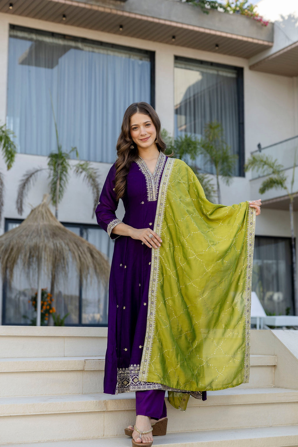 Wine Vichitra Silk Embellished Anarkali Suit Ensemble