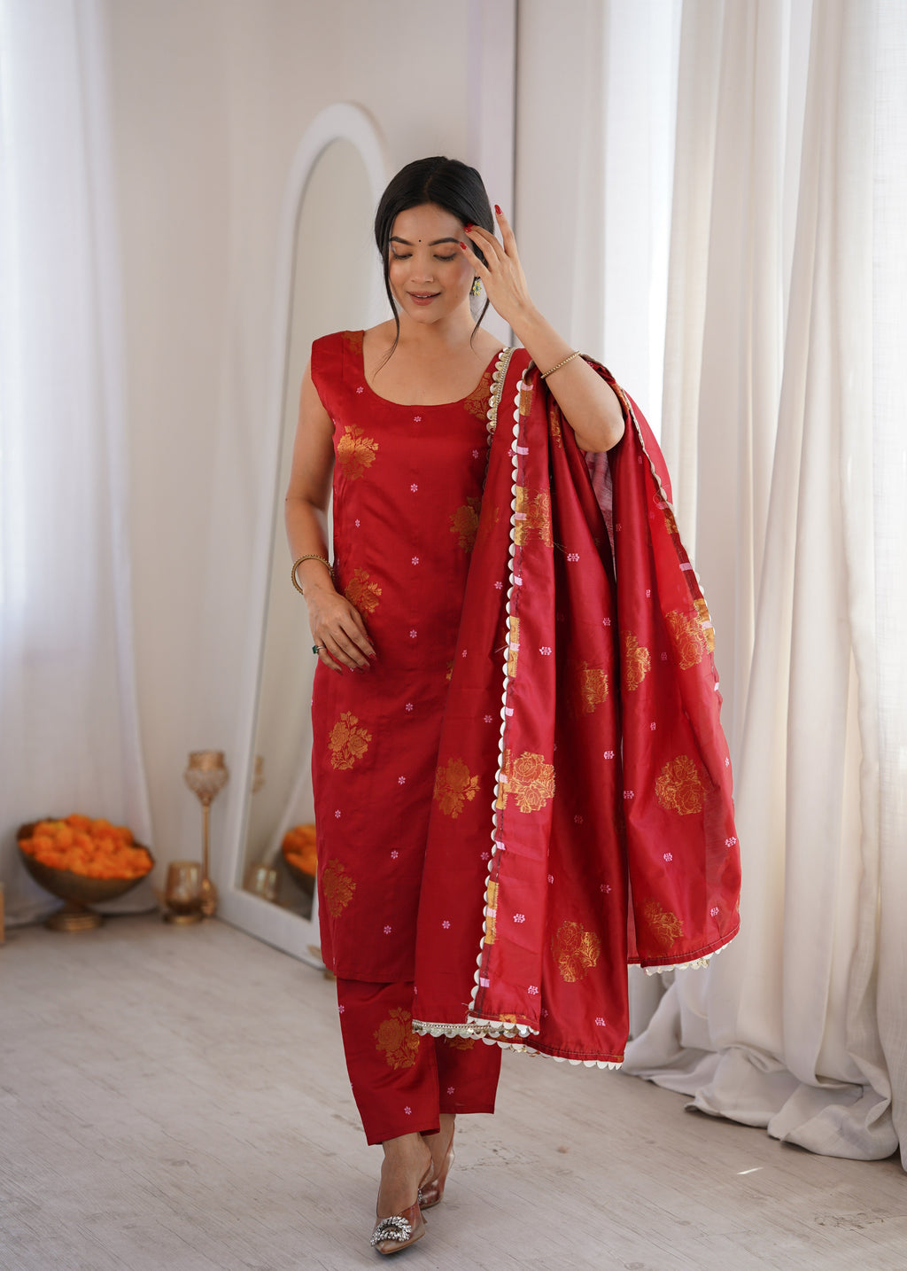 Red Aura Chanderi Jacquard Suit Ensemble
