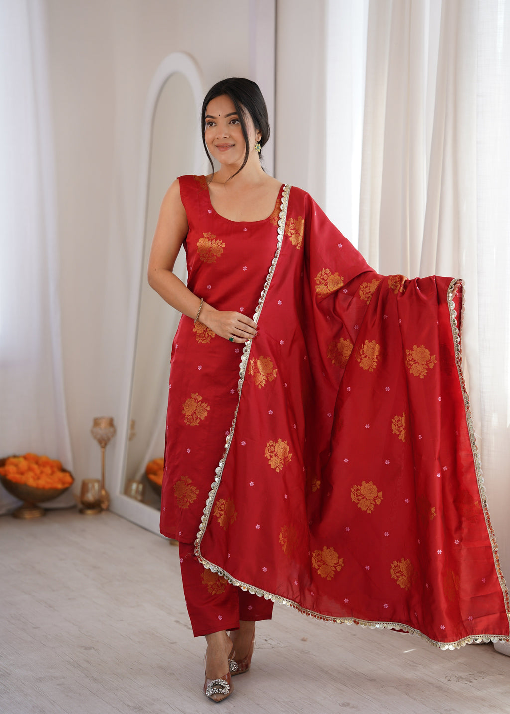 Red Aura Chanderi Jacquard Suit Ensemble