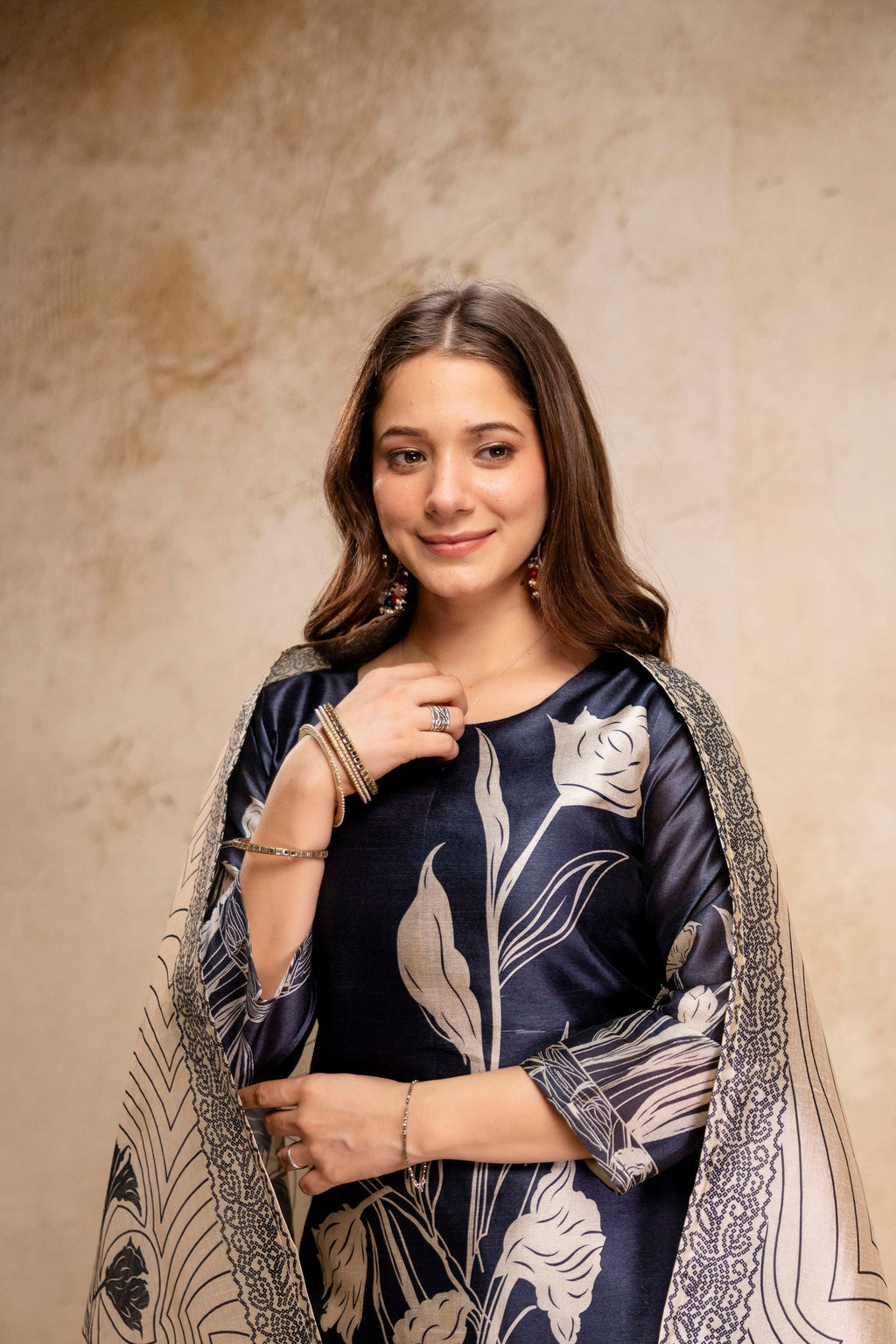 Navy Blue Floral Printed Soft Kurta Pant Set