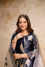 Navy Blue Floral Printed Soft Kurta Pant Set