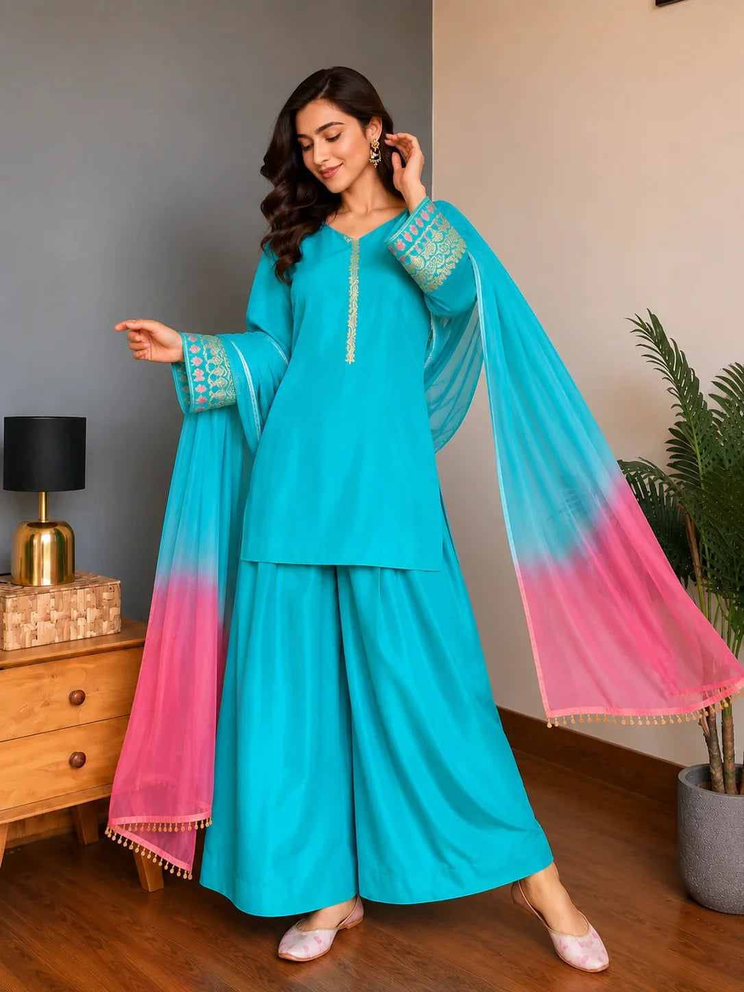Sky Blue Jacquard Work Embroidered Farshi Kurta Set