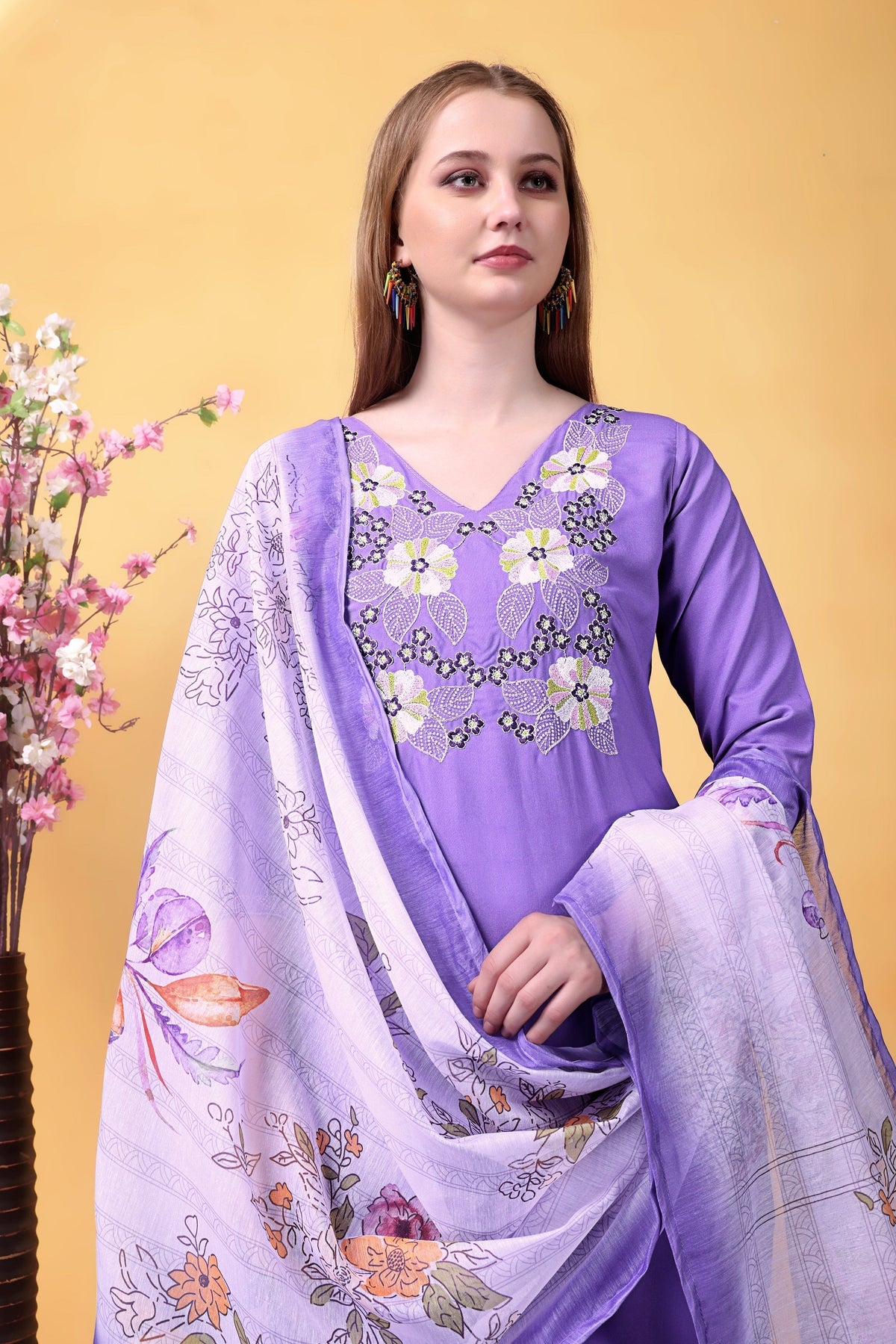 Purple Embroidered Rayon Suit Set